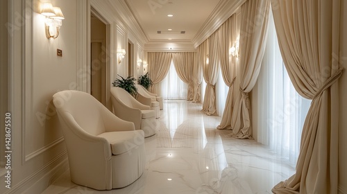 Elegant Hotel Corridor Interior Design: Luxurious Beige and White Decor