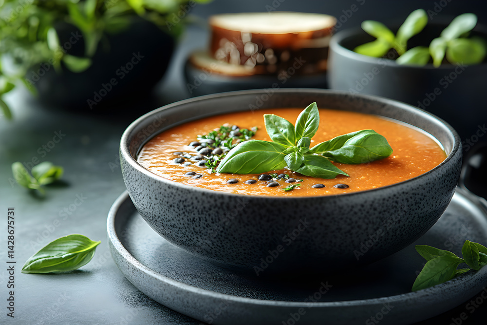 Lentil Soup styled on dark grey background with clean plating and props