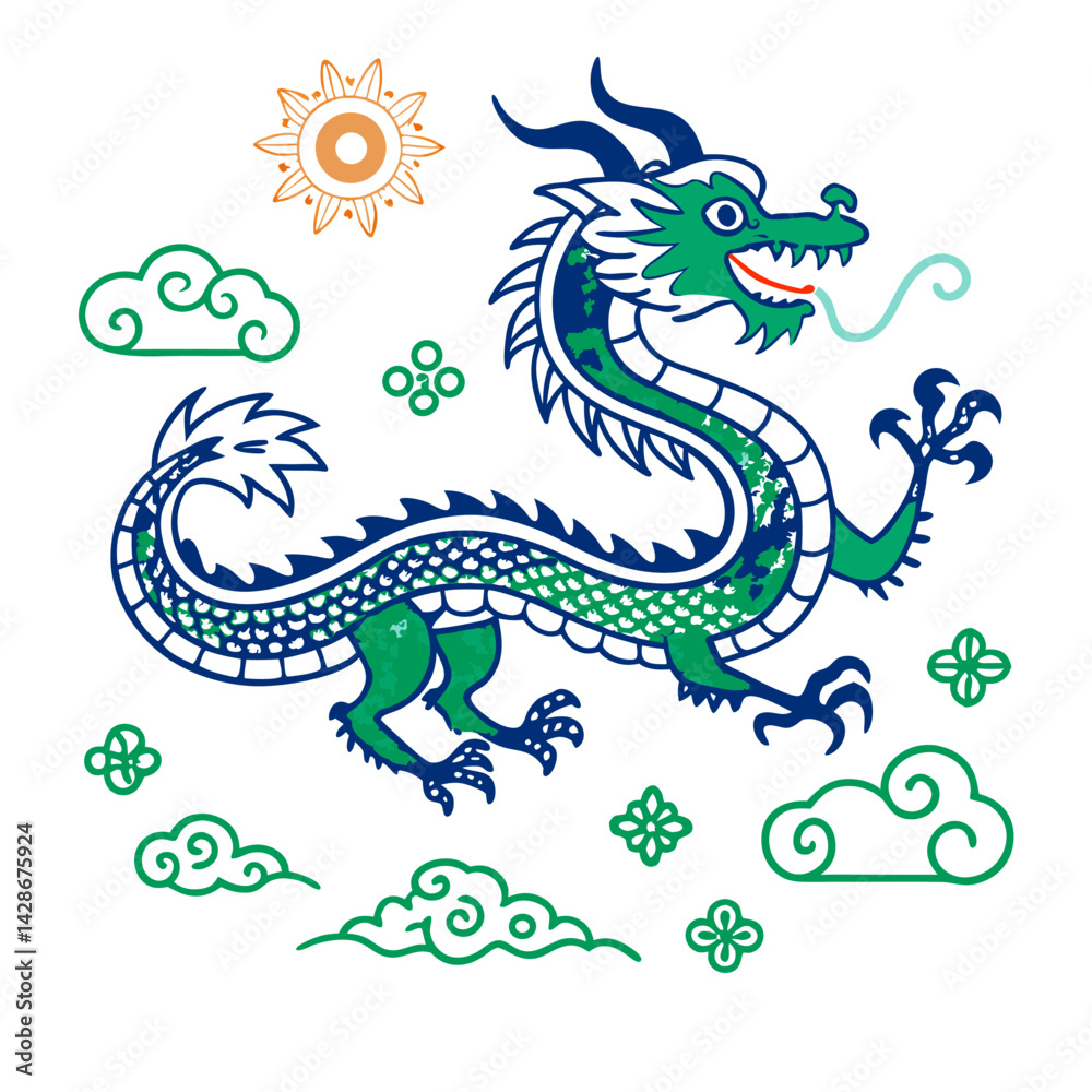 Fototapeta premium Vibrant Green Chinese Dragon Design with Clouds art
