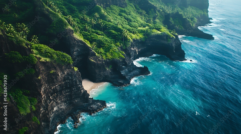 Fototapeta premium Lush, verdant Hawaiian coastal landscape with hidden cove.