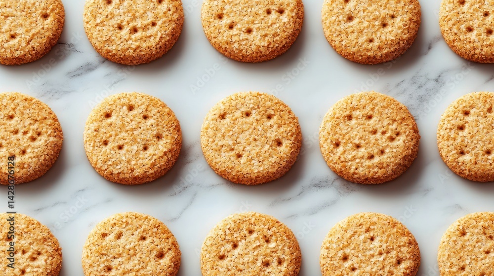 Many brown, round crackers on a marble surface, top view Many brown, round crackers on a marble surface, top view