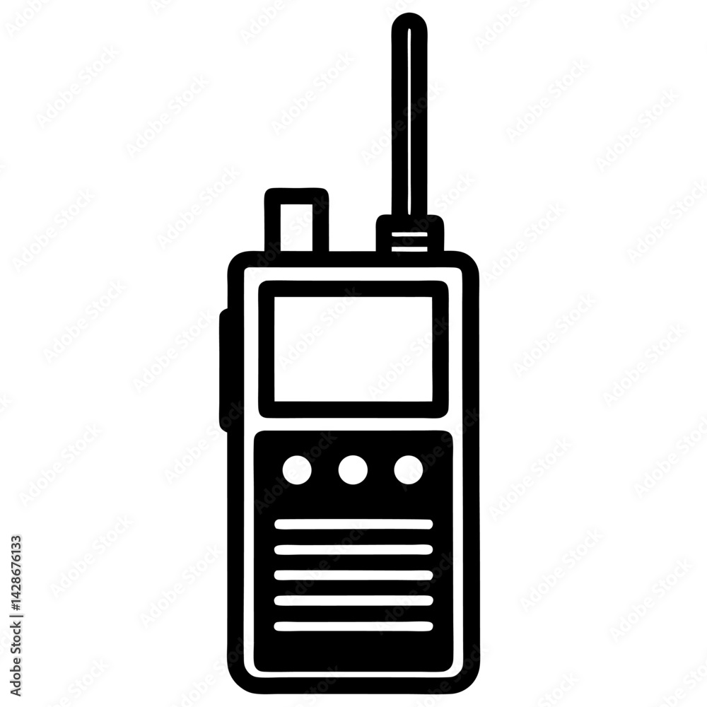A portable radio transmitter with an antenna, a communication technology equipment, is isolated on white A portable radio transmitter with an antenna, a communication technology equipment, is isolated on white
