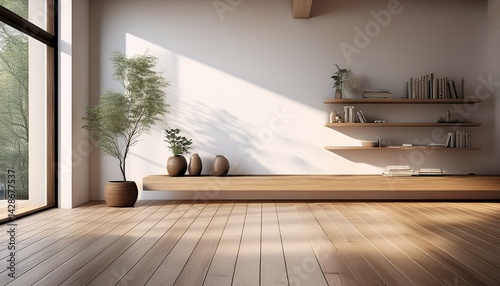 a 3d visualization of a roomy minimalist scandinavian space featuring a wooden floor expansive white walls and a tranquil nordic inspired interior design