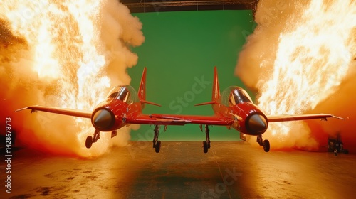 Dramatic Jet Action with Explosive Fire Effects and Green Screen Background