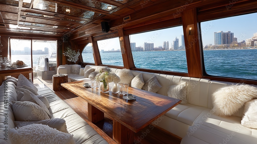 Fototapeta premium Modern Luxury Yacht Interior with White Leather Sofas, Wooden Table, and LED Ceiling Lights – Panoramic Sea View from Cabin Window