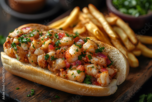 Lobster roll filled with tender lobster chunks and served with fries