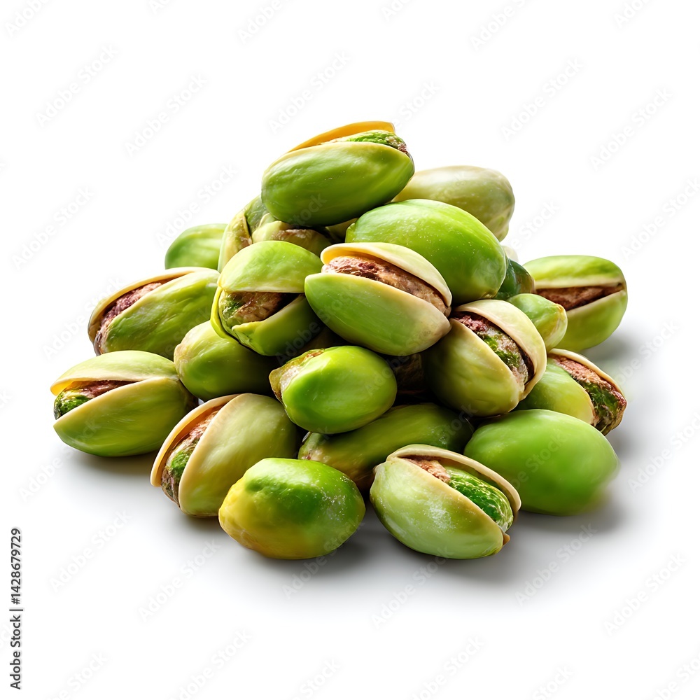 A pile of fresh, green pistachios isolated on a clean white background A pile of fresh, green pistachios isolated on a clean white background