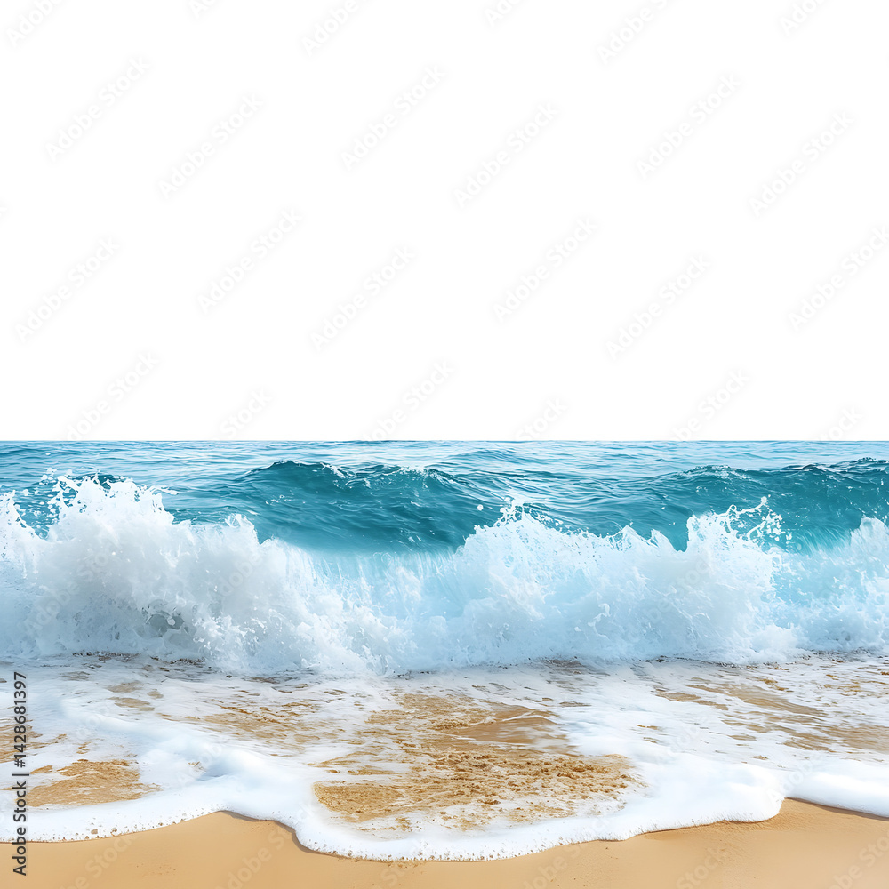 Fototapeta premium Ocean waves crashing on a sandy beach, perfect for travel posters.