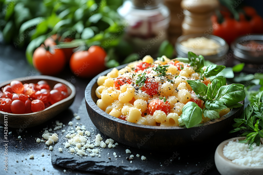 Mac and Cheese styled on rustic black stone table with side ingredients
