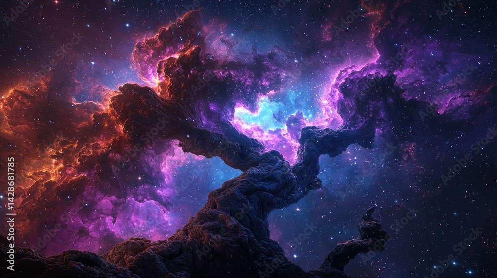 Fototapeta premium Nebula tree shape; space, stars, colorful cloud formations