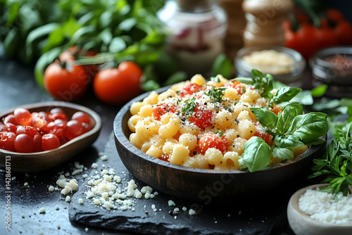 Mac and Cheese styled on rustic black stone table with side ingredients