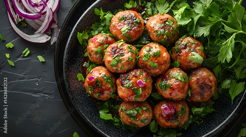 Malai Kofta served on dark grey textured plate with fresh garnish top view