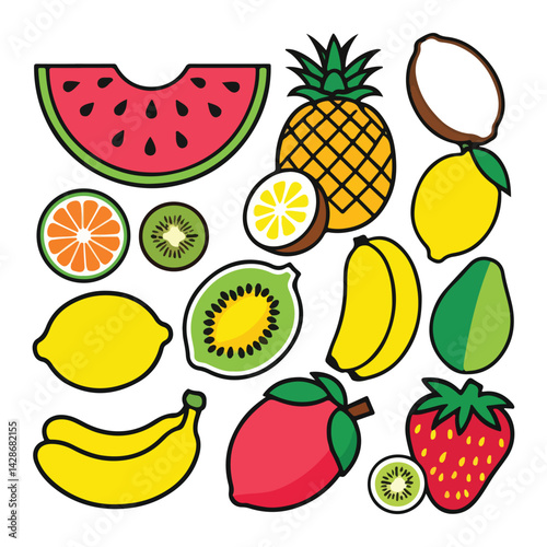Set of 10 tropical fruits in summer theme