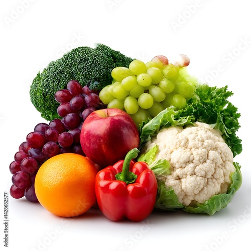 A vibrant assortment of fresh fruits and vegetables arranged together and isolated on a clean white background