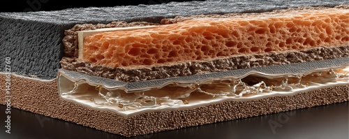Highly detailed 3D medical illustration showing the layered structure of human skin, including epidermis, dermis, and subcutaneous tissue.
 photo