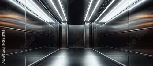Modern elevator interior with stainless steel walls and bright ceiling lights.