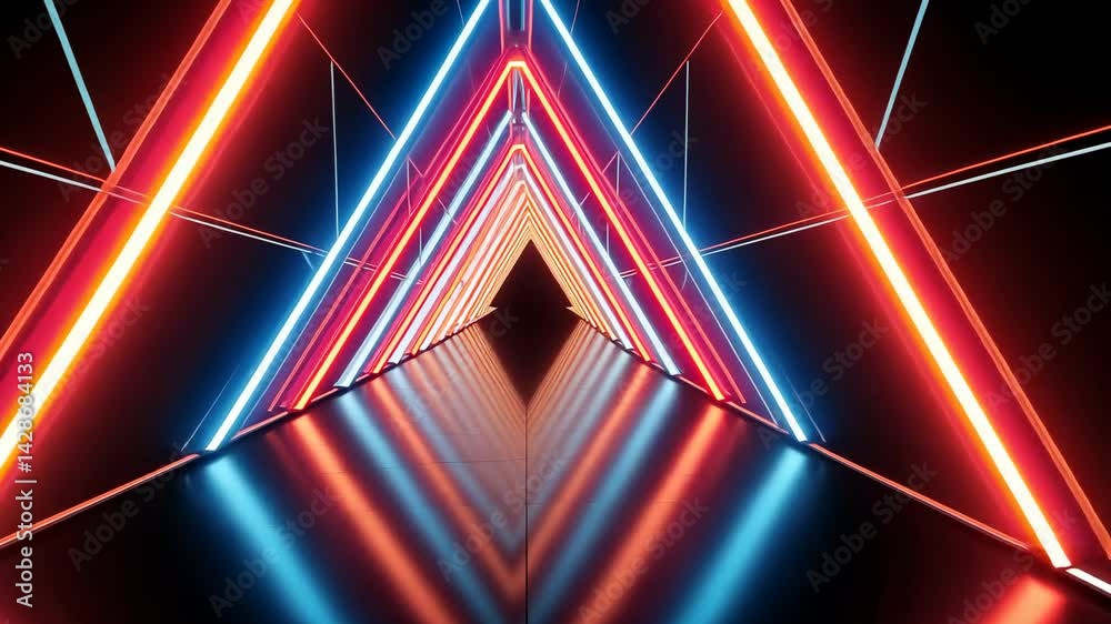 Geometric Tunnel With Red And Blue Neon Lights And Reflective Floor