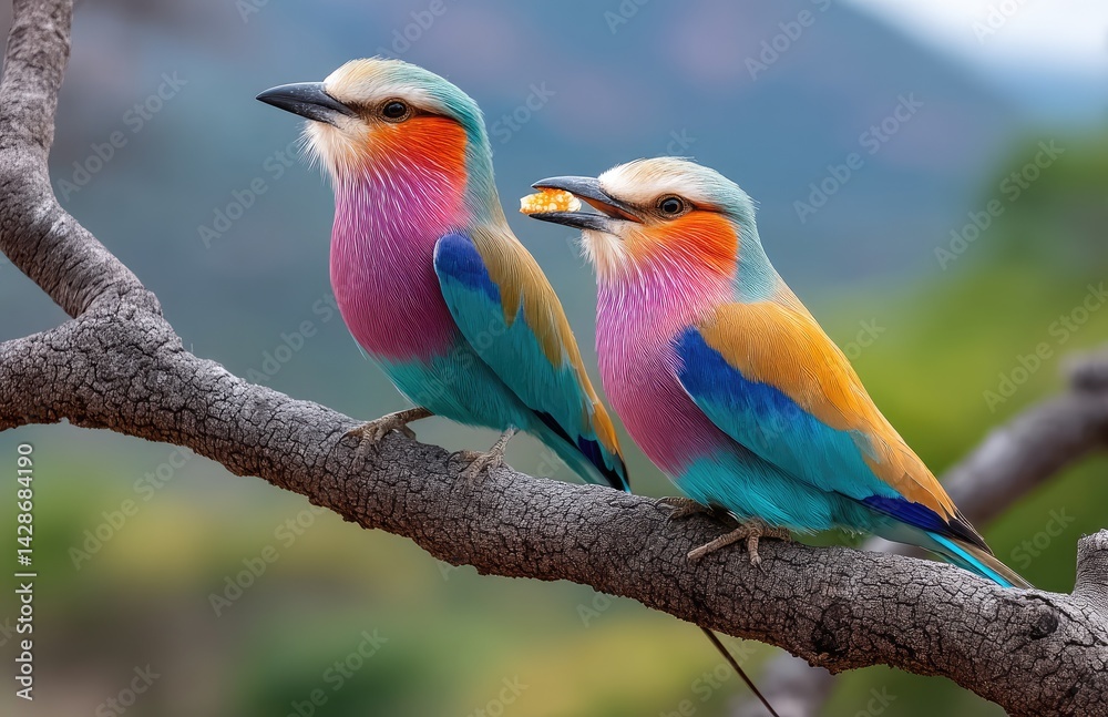 Obraz premium Two beautiful, colorful birds sitting on a branch. One bird is sleeping, while the other has its beak open and is eating something from its mouth