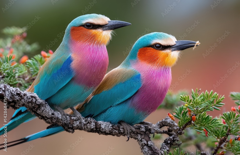 Obraz premium Two beautiful, colorful birds sitting on a branch. One bird is sleeping, while the other has its beak open and is eating something from its mouth