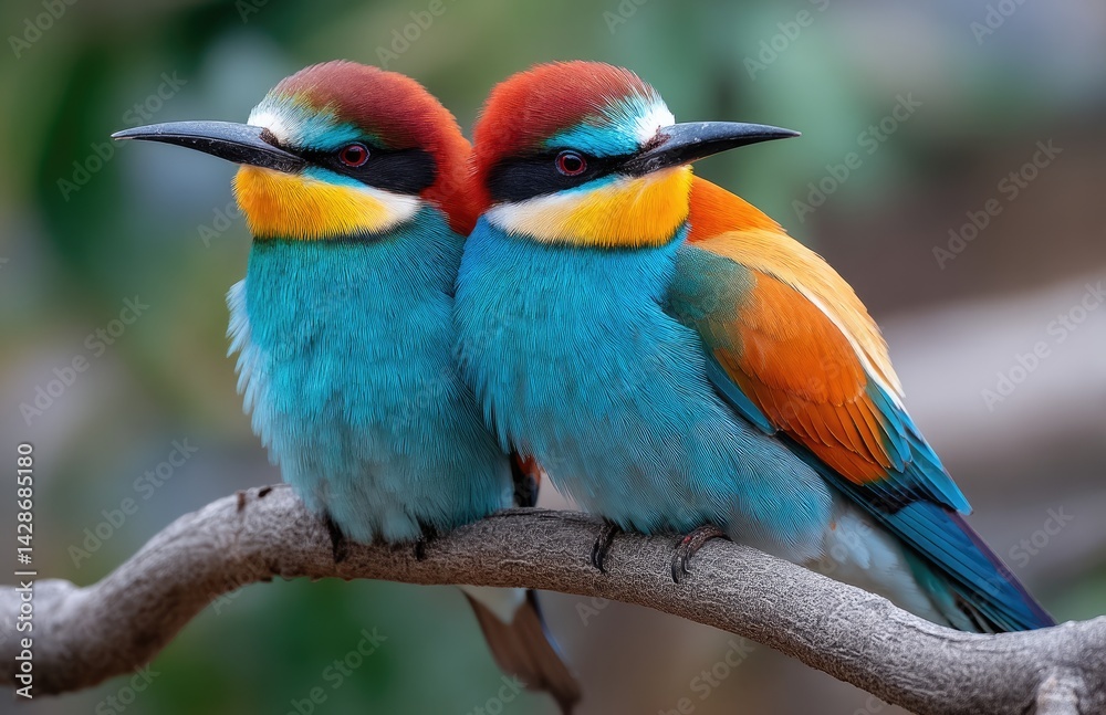 Obraz premium Two beautiful, colorful birds sitting on a branch. One bird is sleeping, while the other has its beak open and is eating something from its mouth