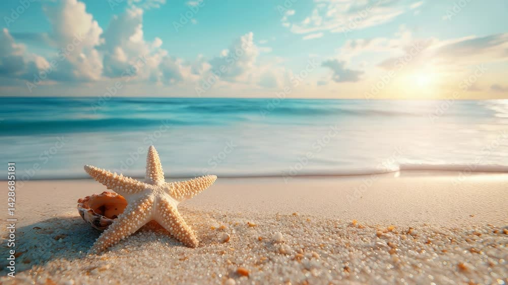 Starfish and seashells lying on a beautiful sandy seashore as a gentle sea wave with foam rolls onto the beach, capturing the peaceful and natural beauty of the ocean and coastal life.