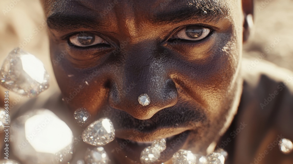 Close-up of a man surrounded by floating shiny diamonds, reflecting light and creating a magical scene. Close-up of a man surrounded by floating shiny diamonds, reflecting light and creating a magical scene.