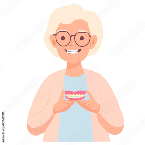 Vector illustration of an older woman with gray hair and glasses, smiling while holding dentures with both hands. The image conveys a sense of well-being and dental health.