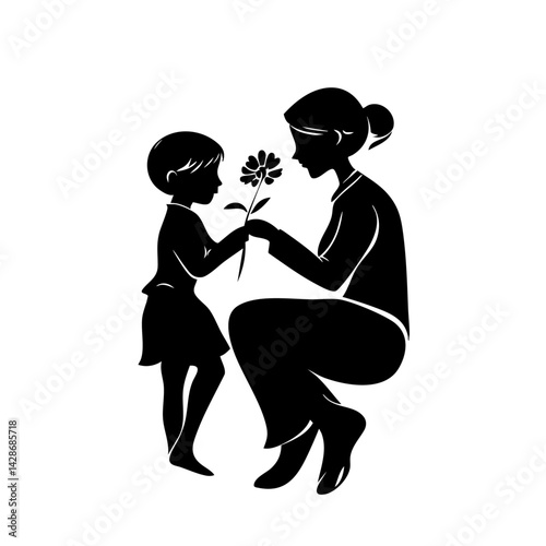 Mother kneels to accept flower from son, silhouette