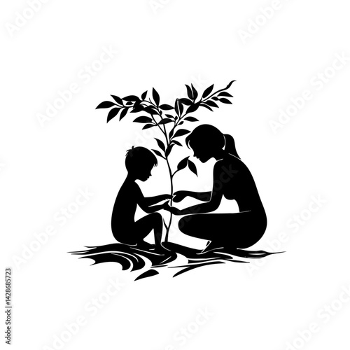 Mother and son press soil around sapling, silhouette