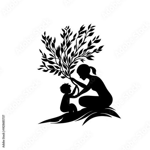 Mother guides child planting tree, green silhouette art