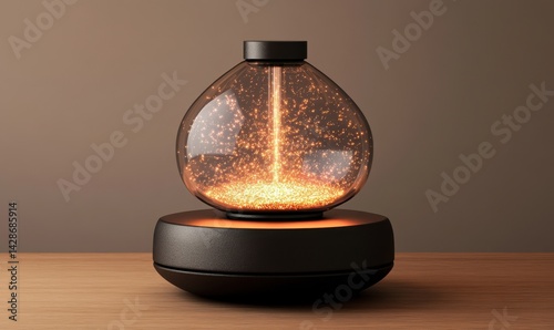 Illuminated glass orb on wood, glowing particles, dark background, home decor