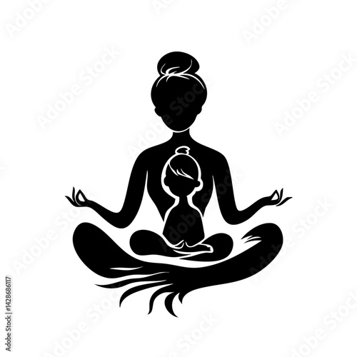 Mother and child in lotus meditation, calm silhouette