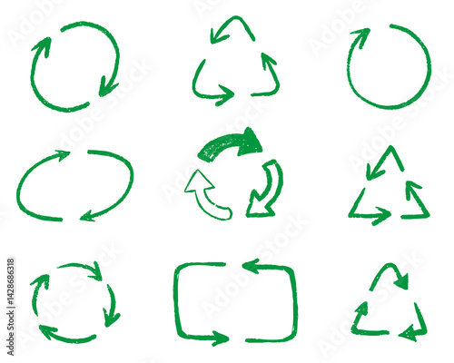 Hand drawn recycle arrows icon set. Crayon and chalk style in green color. Eco friendly sketchy pencil line arrows. Vector illustration for sustainability and environmental design