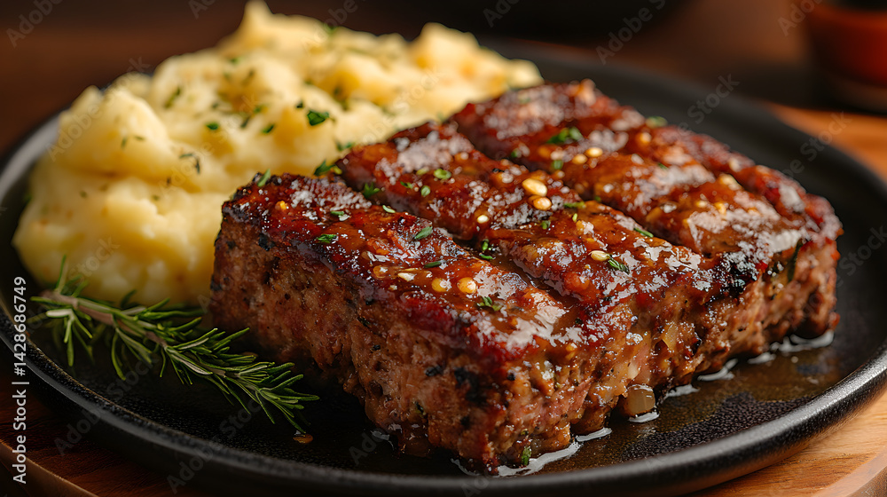Meatloaf served on a dark rustic plate with mashed potatoes and gravy
