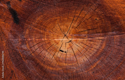 Sawn orange cross-section of a eucalypt tree with concentric rings and radiating cracks