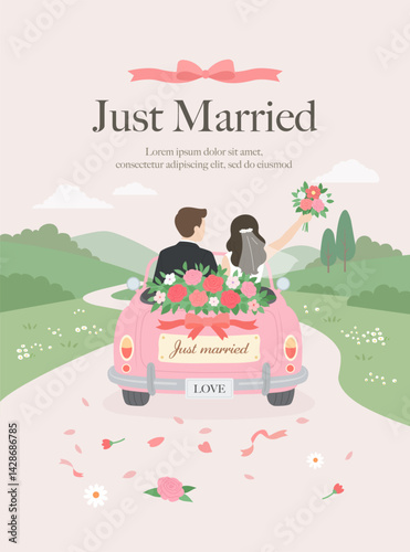 Just married couple in pink wedding car with floral decorations