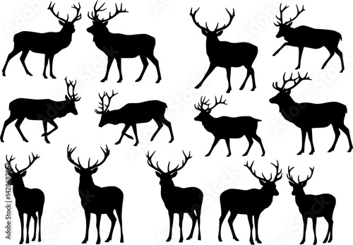 vector set of red deer silhouette, vector collection
