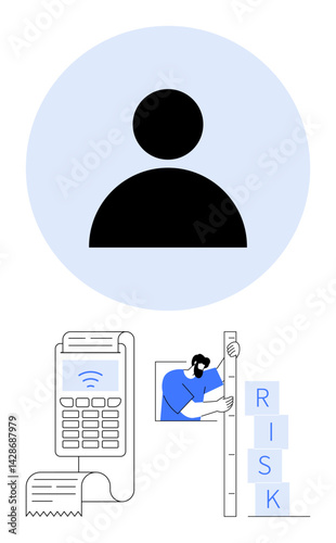User icon in blue circle, payment terminal with receipt, person measuring risk blocks. Ideal for finance, payment systems, user data, security, analysis, strategy simple landing page