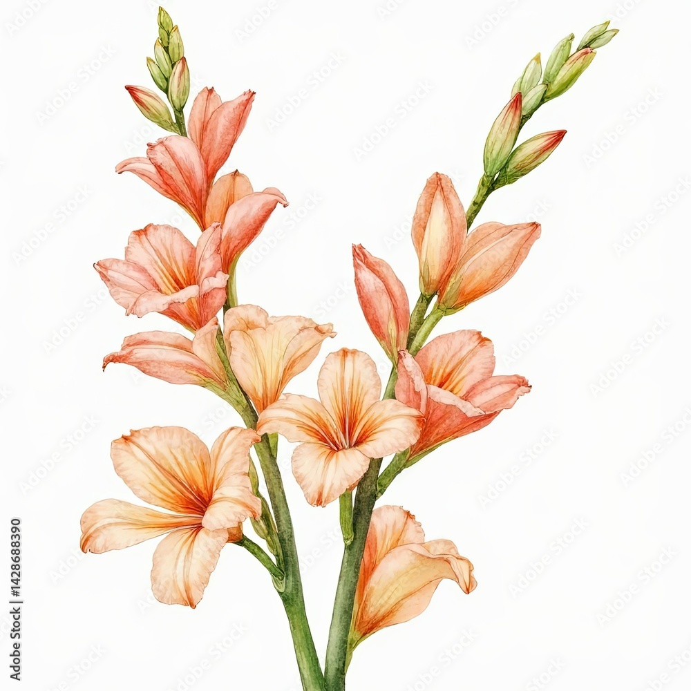 Fototapeta premium Elegant Watercolor Painting of Peach-Colored Gladiolus Flowers