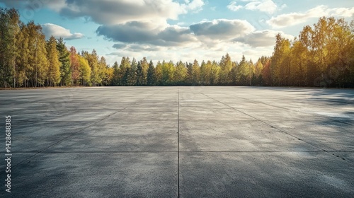 Open asphalt area with autumn trees, against a cloudy sky