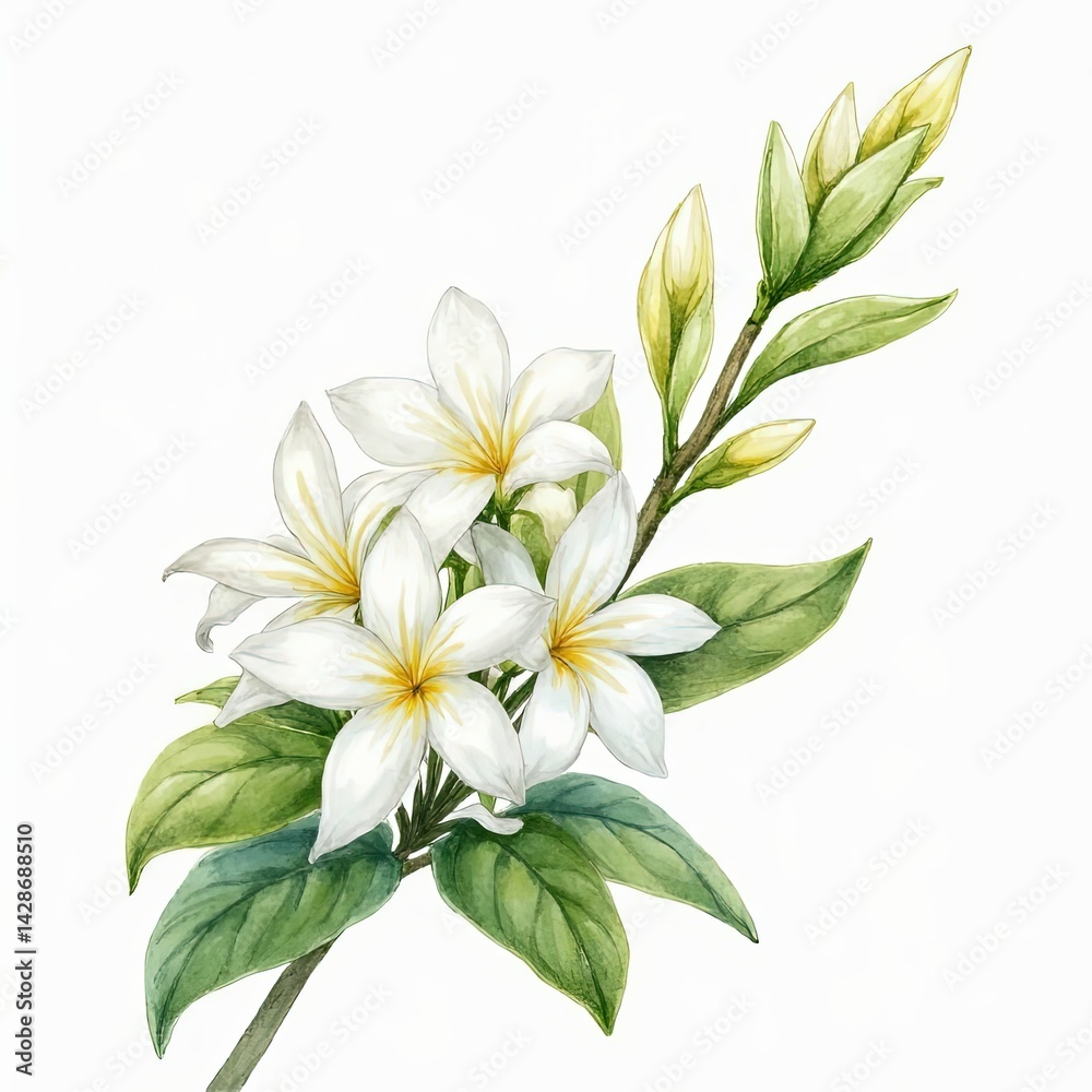 Obraz premium Beautiful watercolor painting of delicate white Plumeria flowers and buds on a branch