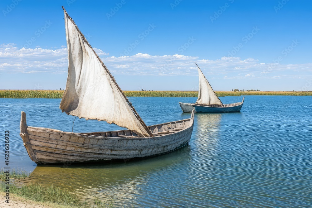 Fototapeta premium Two traditional wooden sailboats with white sails on a calm blue lake under a clear sky