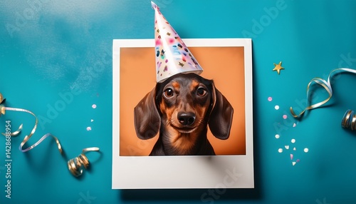 an old school polaroid picture of a dachshund celebrating its birthday