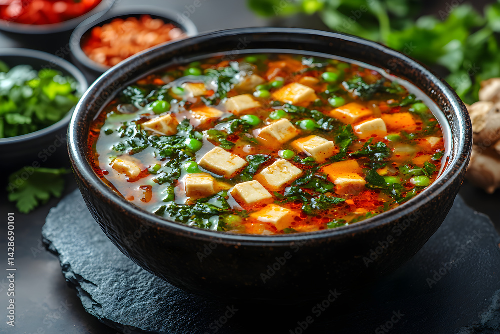Miso Soup styled on rustic black stone table with side ingredients