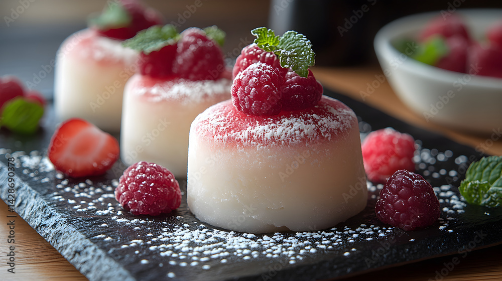 Mochi Ice Cream presented on a black textured surface with elegant side garnishing