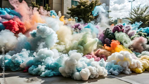 A vibrant explosion of colorful smoke dances