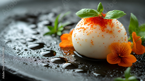 Obraz na płótnie Mochi Ice Cream presented on a black textured surface with elegant side garnishing w salonie