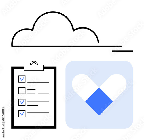 Cloud illustration above a checklist with checkmarks and a heart-inspired icon. Ideal for productivity, organization, goals, cloud computing, data storage, healthcare, minimalistic design, simple