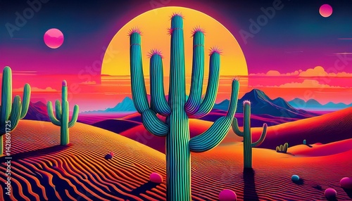 cactus in psychedelic desert world retro futurism creative background landscape