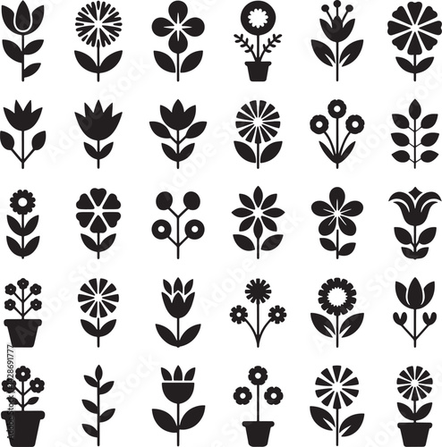 Flower Silhouette Vector Icon Set or Black Floral Shapes, Petals, and Plants on White Background